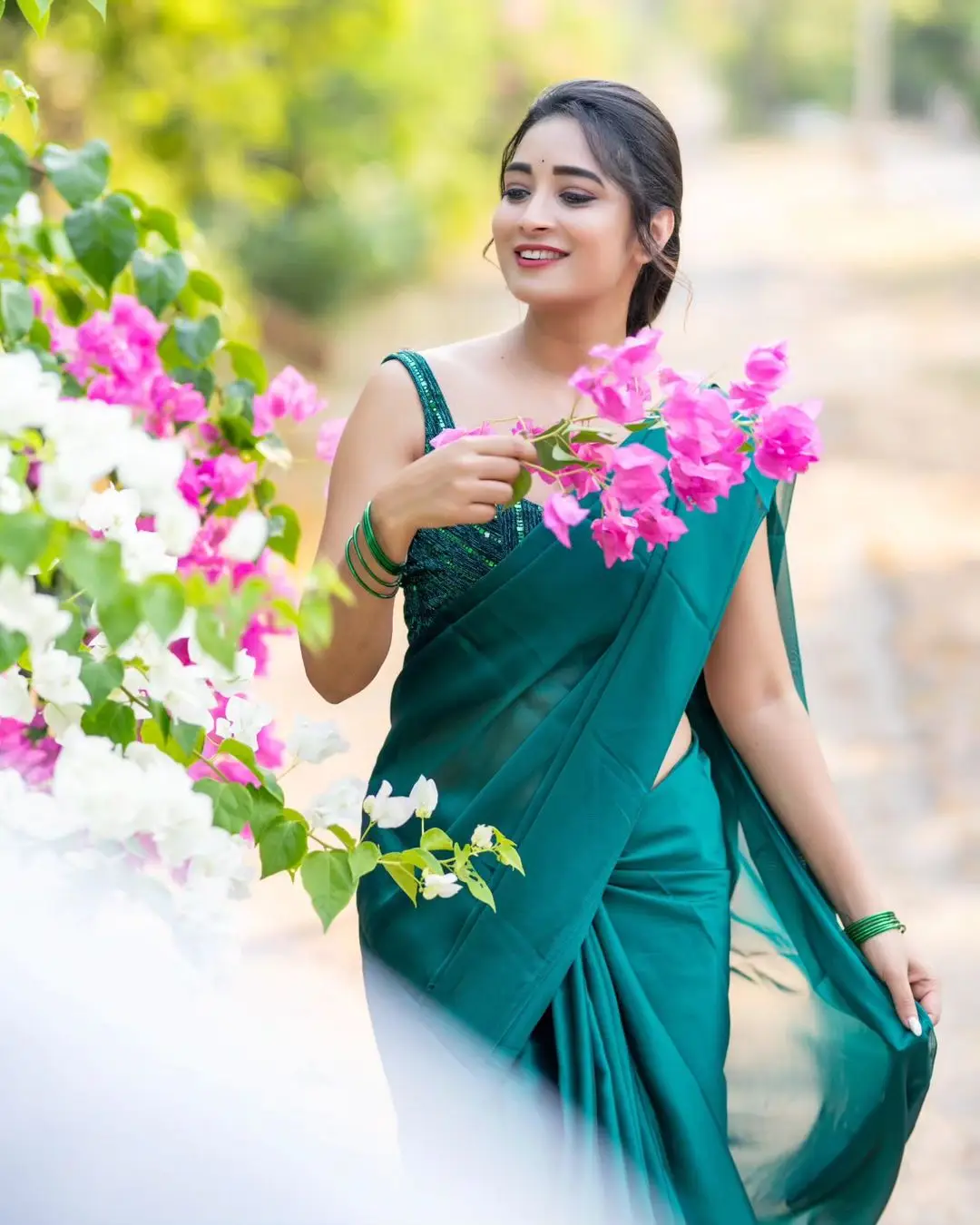 ETV Actress Bhanu Sri in Beautiful Green Saree Sleeveless Blouse